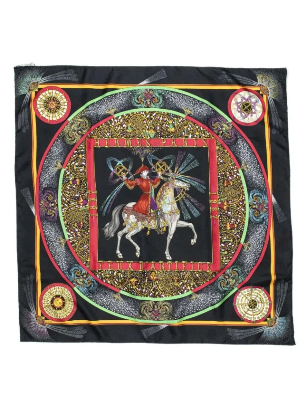 Hermes Scarf Black Red Green 100% Jacquard Silk